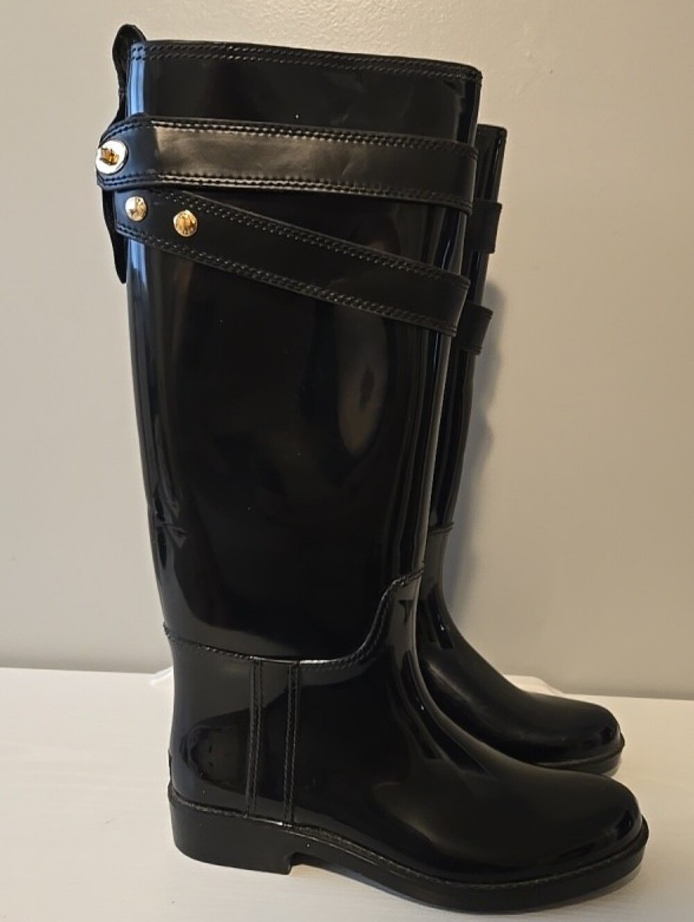 Coach Black Glossy Tall Rain Boots with Gold Stud Accents Womens Size 7